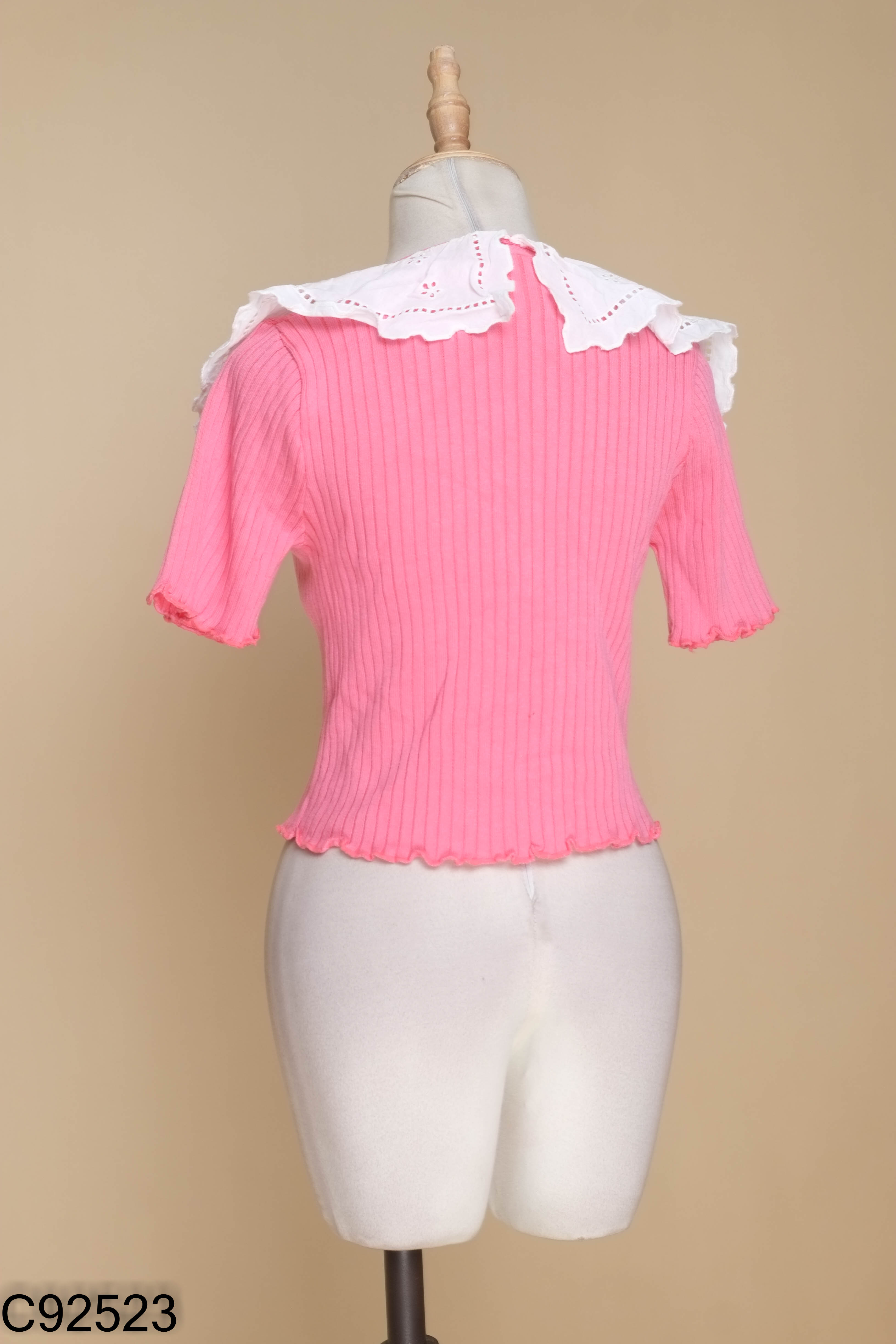 Áo cardigan mỏng hồng cổ trắng