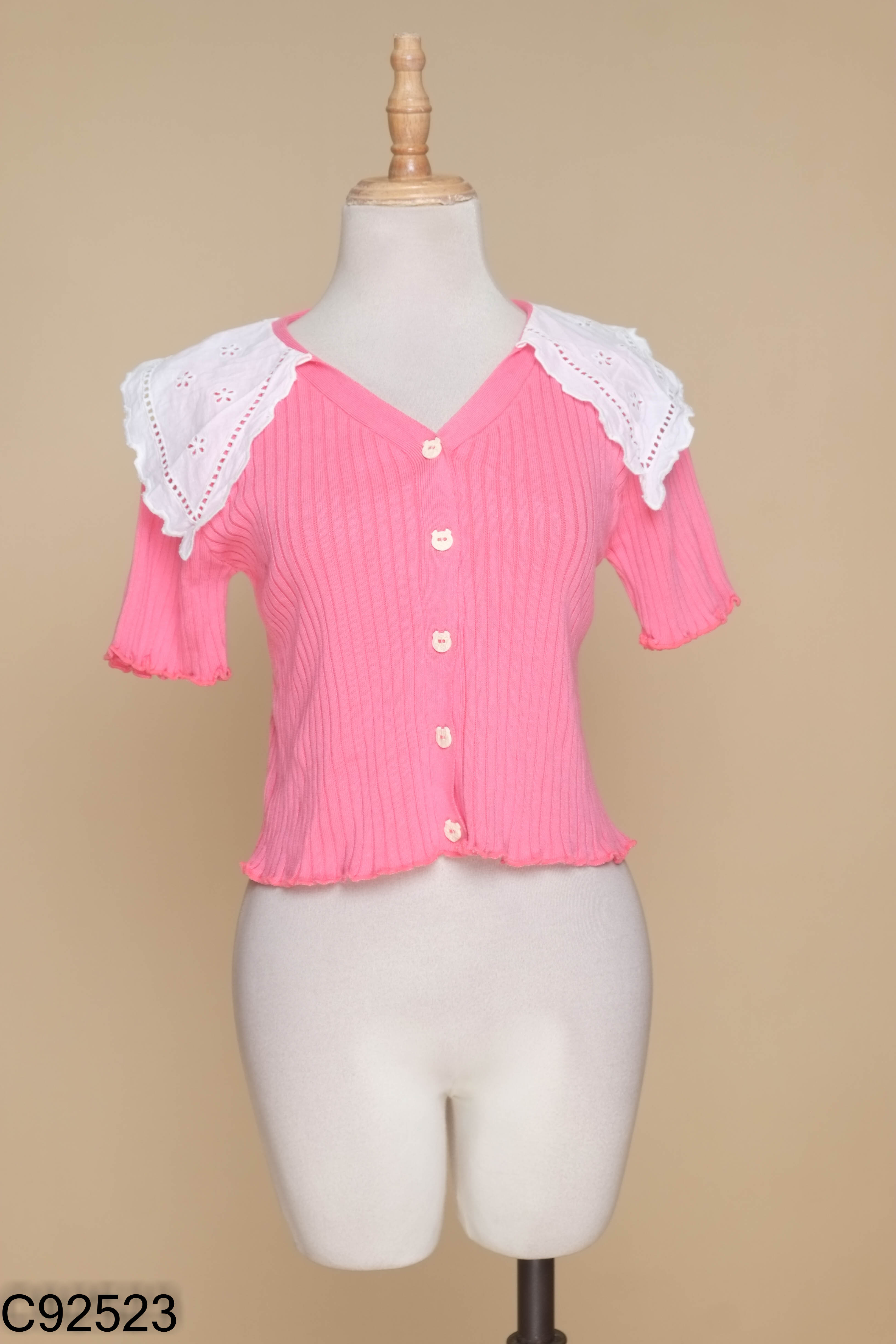 Áo cardigan mỏng hồng cổ trắng