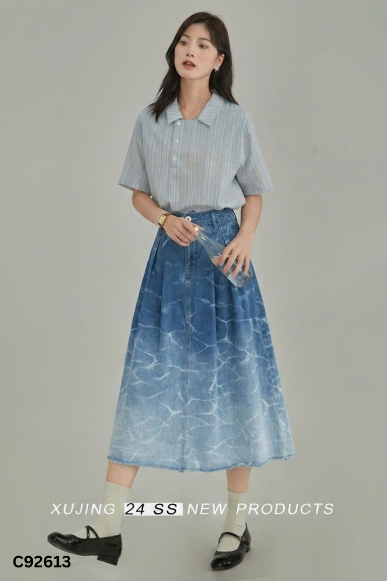 Chân váy jeans xanh loang