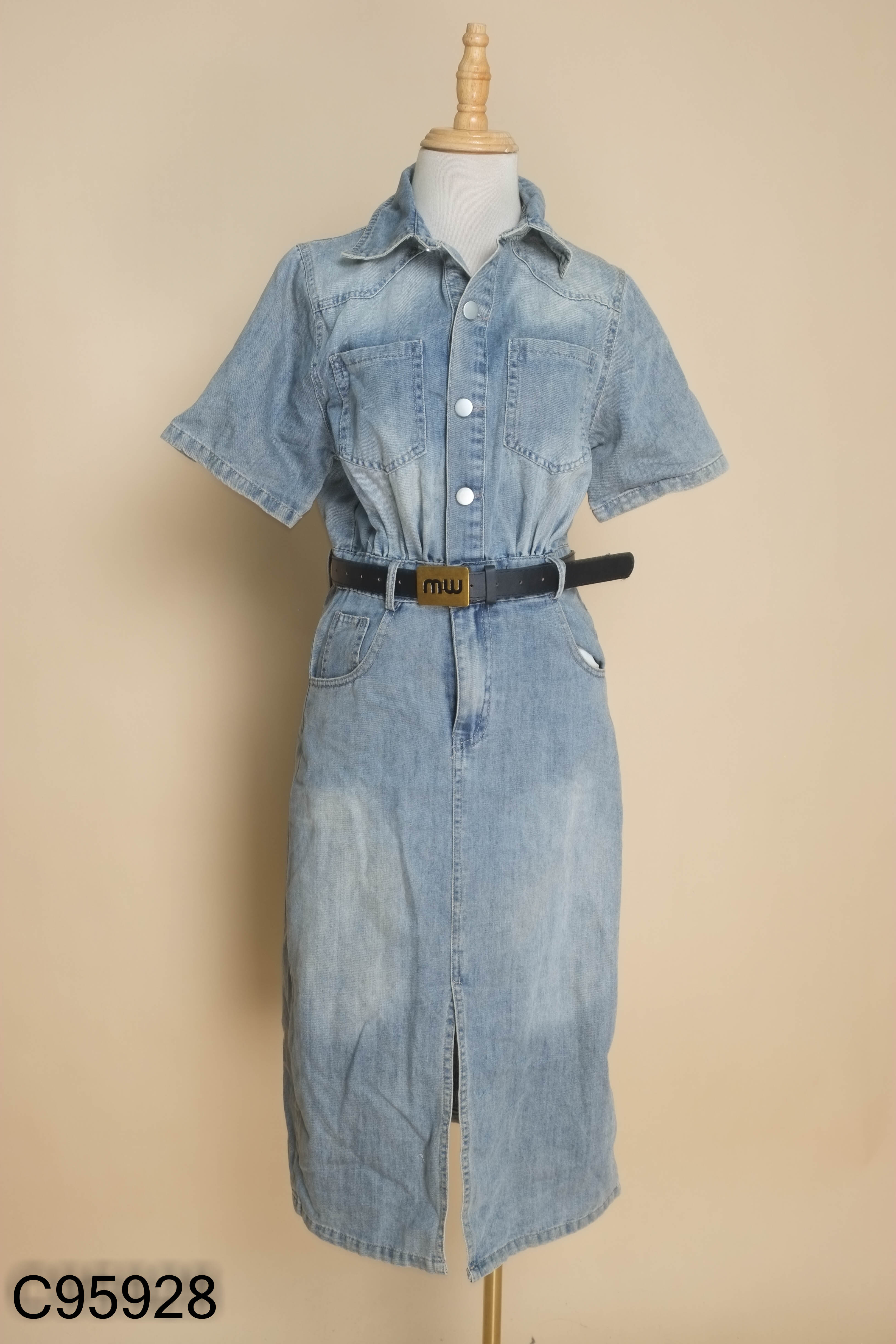 Váy jeans xanh xám dài phối cổ sơ mi