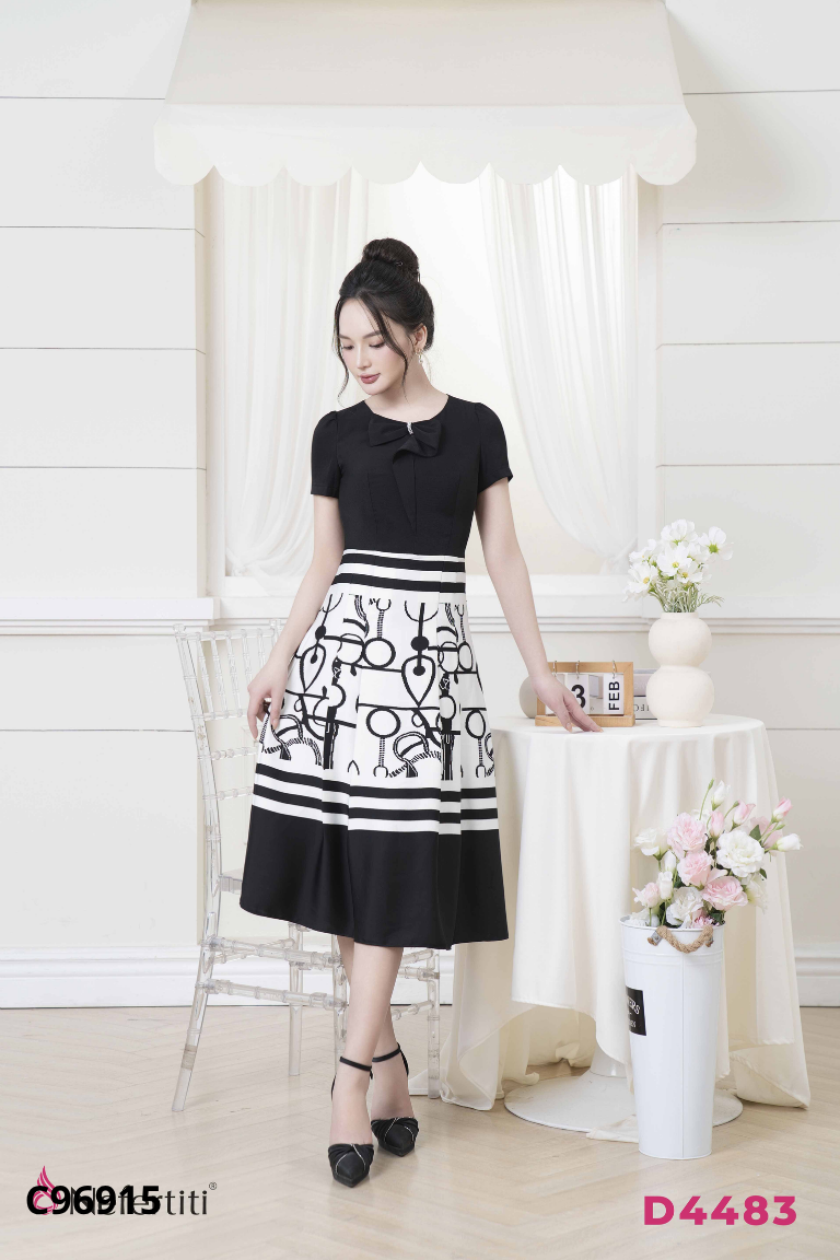 Váy đen trắng QUEEN suông phối họa tiết
