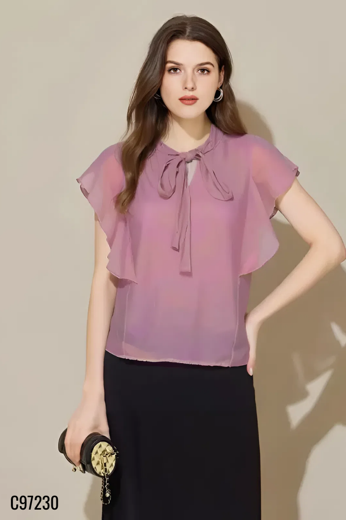 Áo voan tím buộc nơ cổ