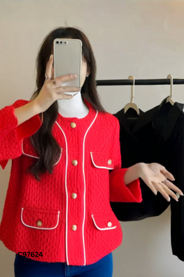NEWTAG Áo dạ đỏ viền trắng