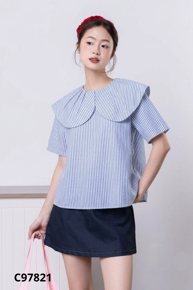 Áo xanh sọc cổ sen