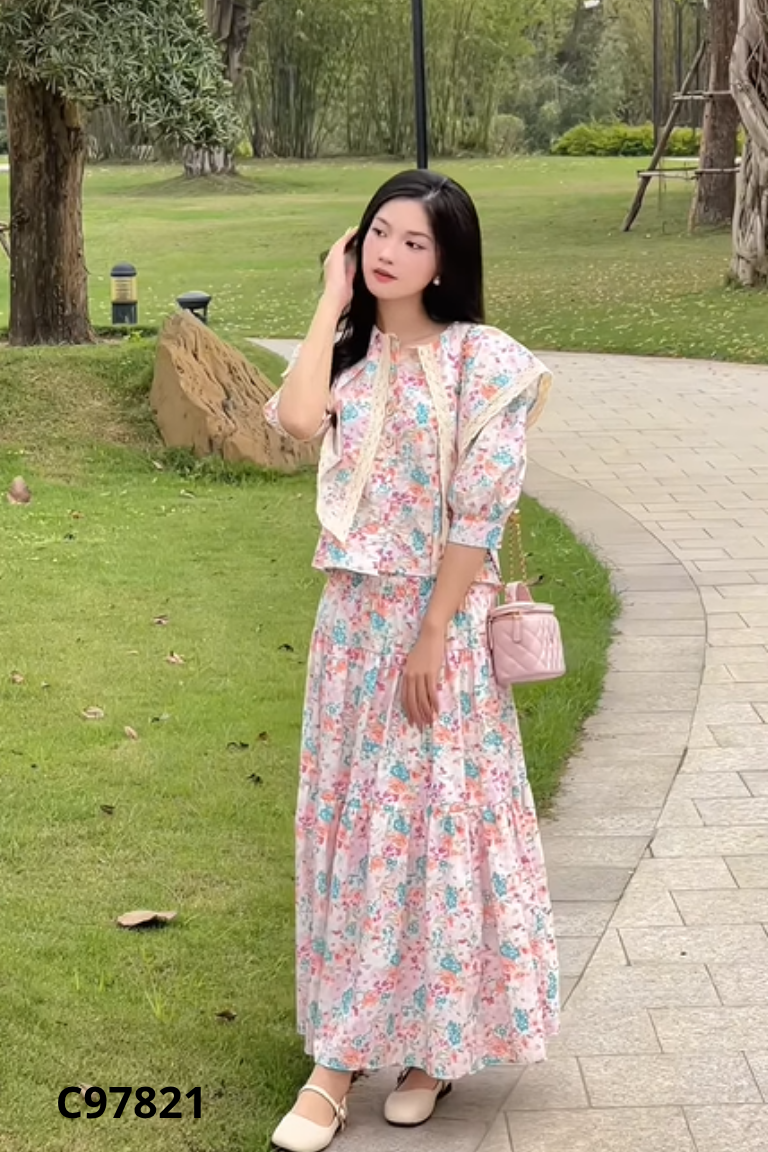 Set Áo hồng hoa LANA DESIGN cổ vạt + chân váy