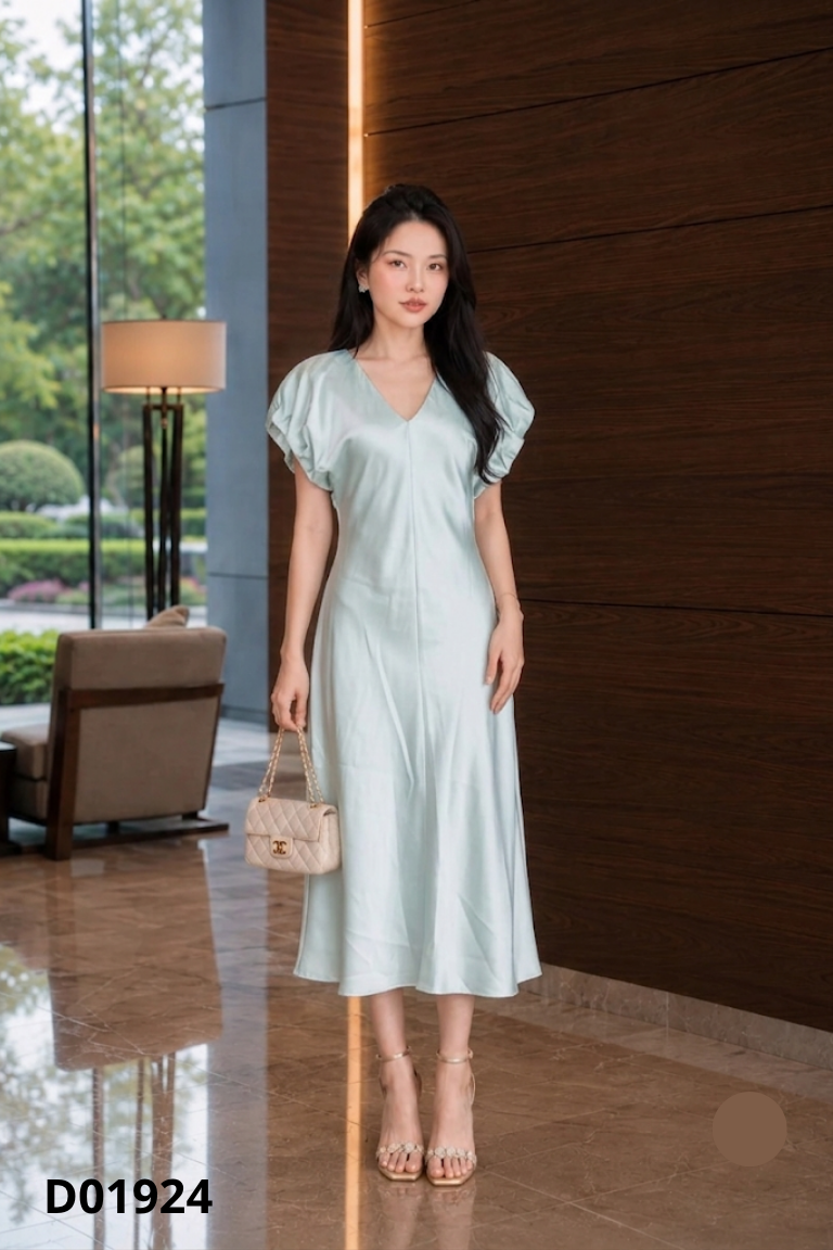 NEWTAG Váy MIUCO lụa xanh ngọc cổ V