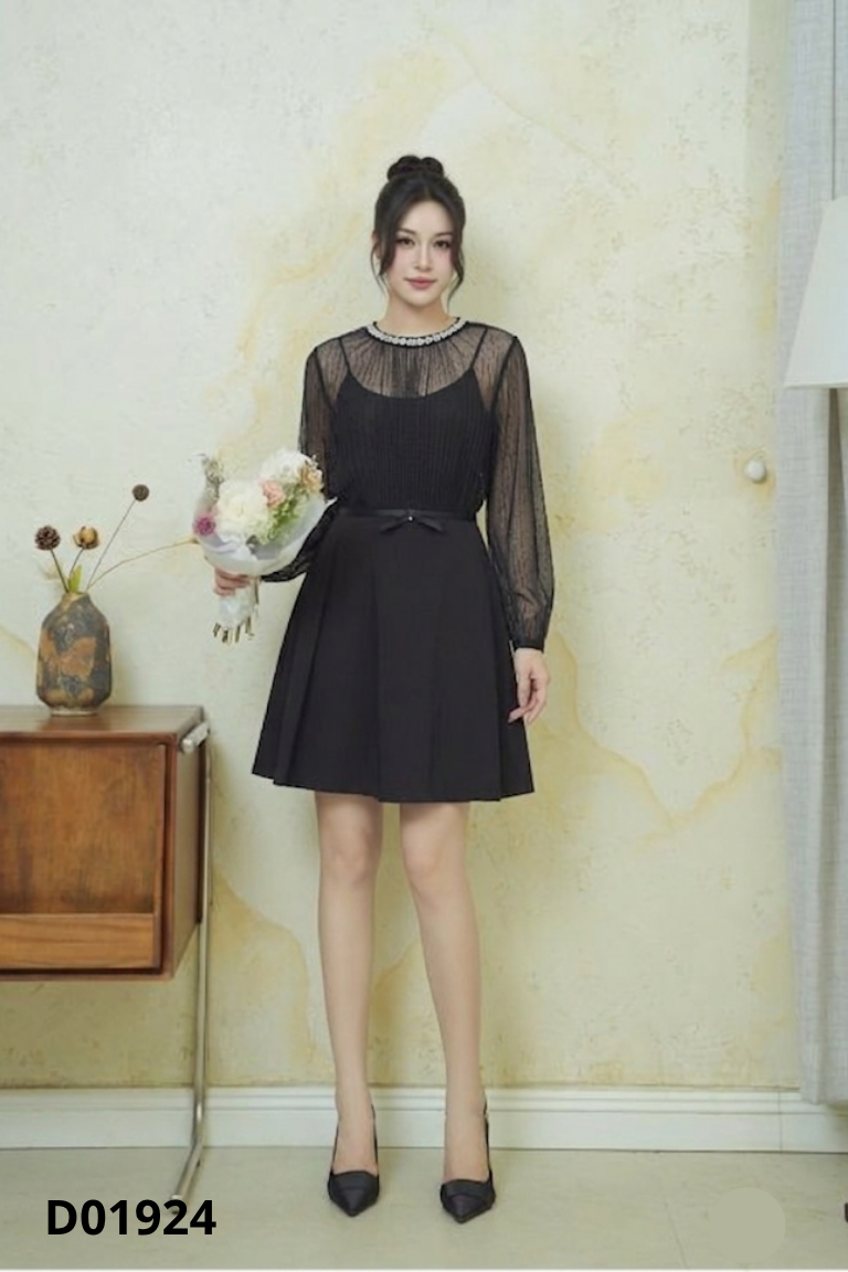 NEWTAG Váy LADYBASA đen phối lưới đính đá