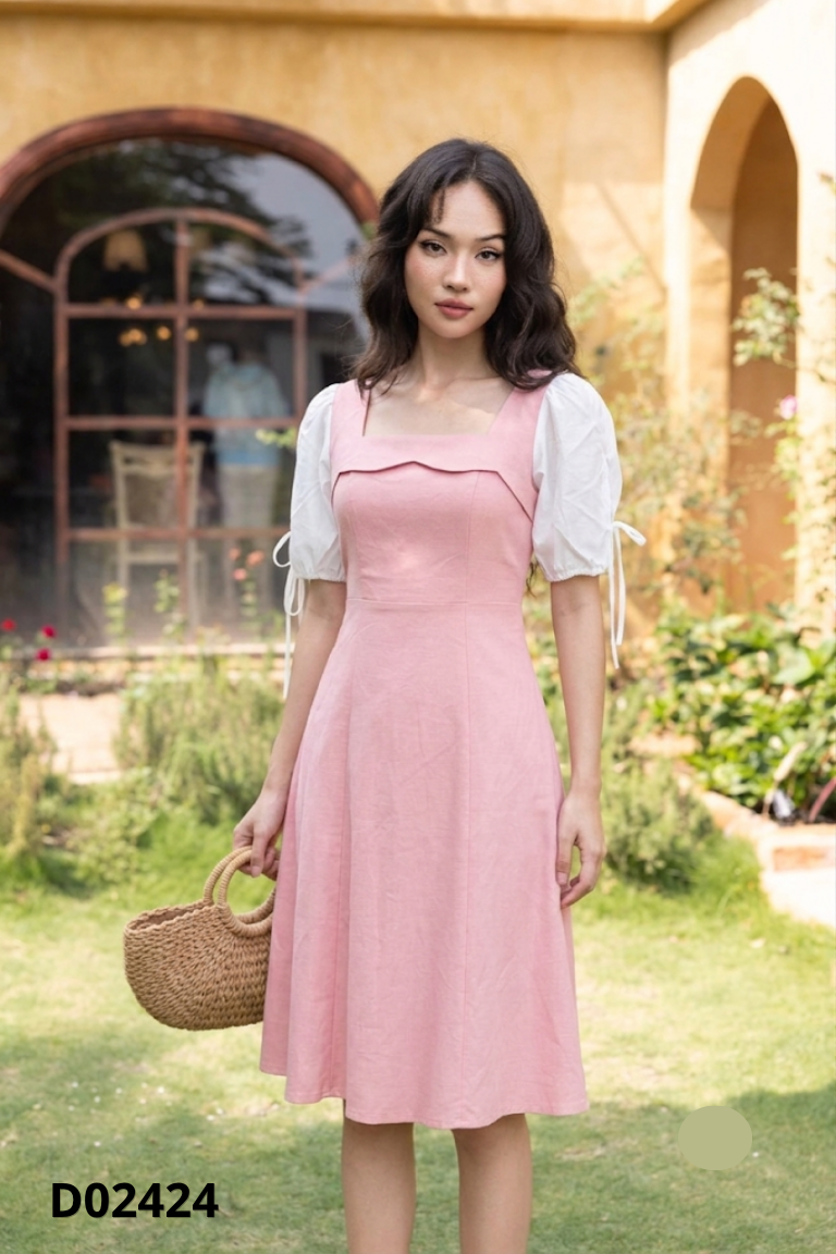 NEWTAG DAISY váy hồng phối tay