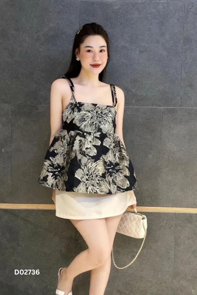 Áo hai dây be hoa đen