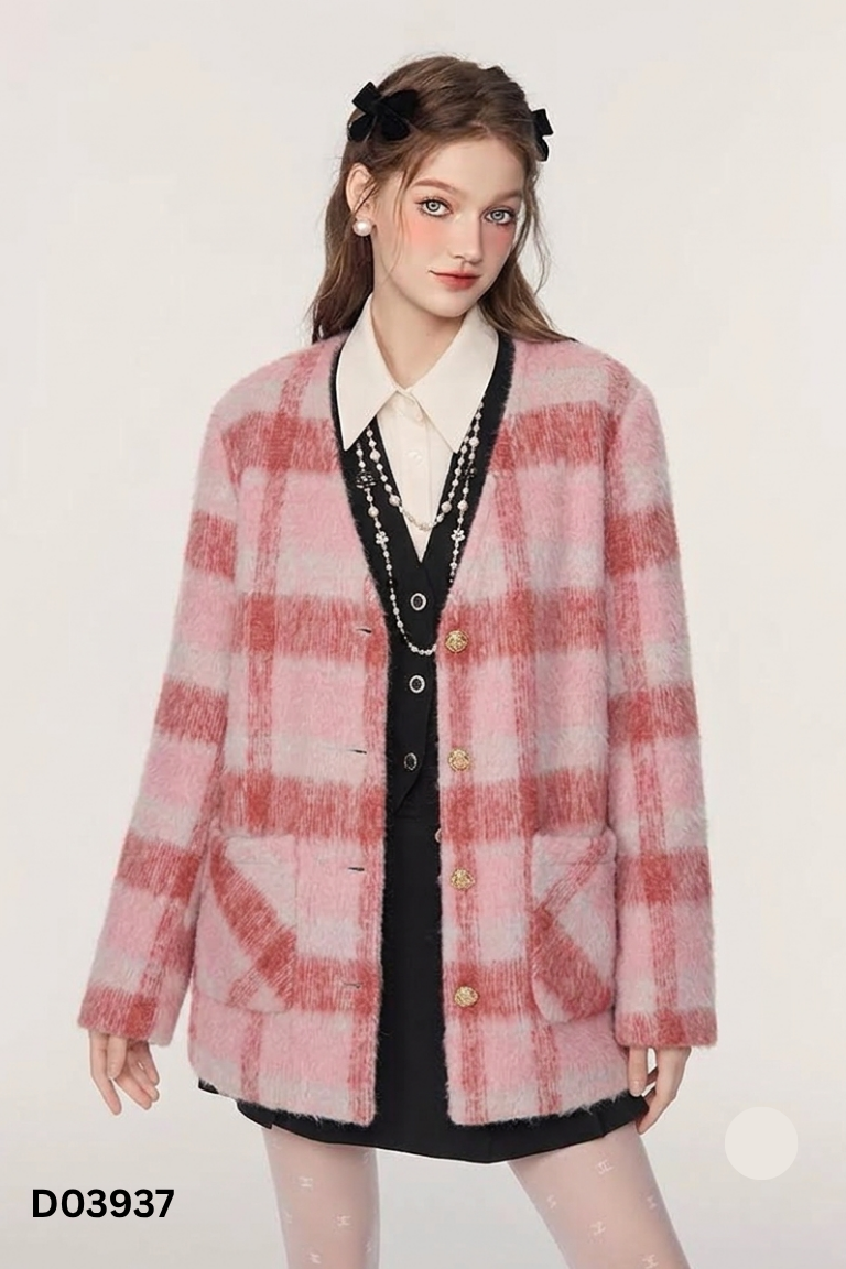 Áo dạ lông hồng cardigan phối kẻ