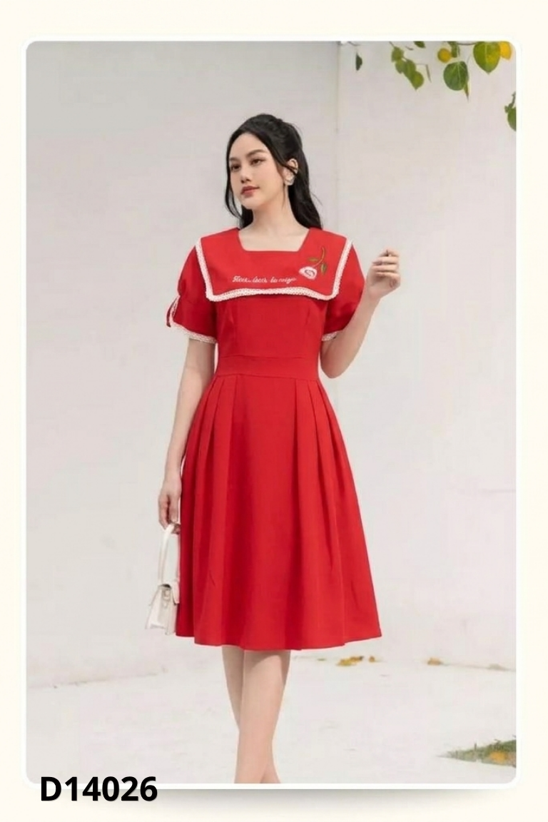 Váy đỏ CHEN XI FU SHI cổ viền ren