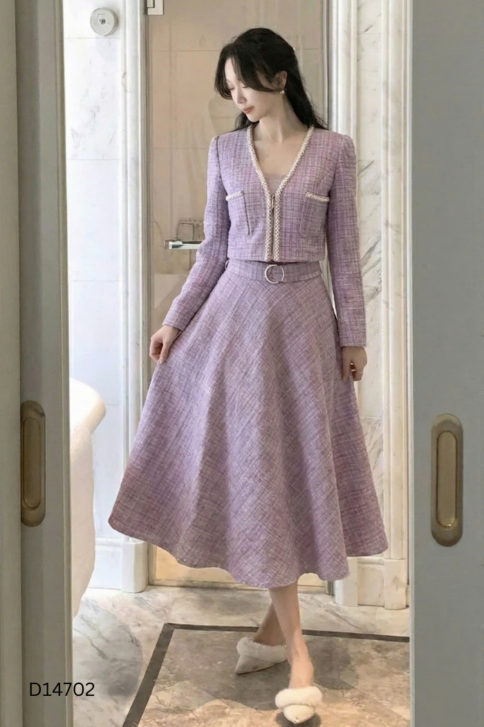 Set dạ tím đính ngọc áo khoác + chân váy