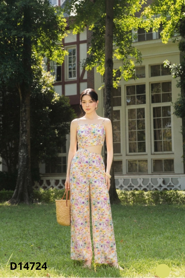 Jumpsuits hai dây hoa màu sắc