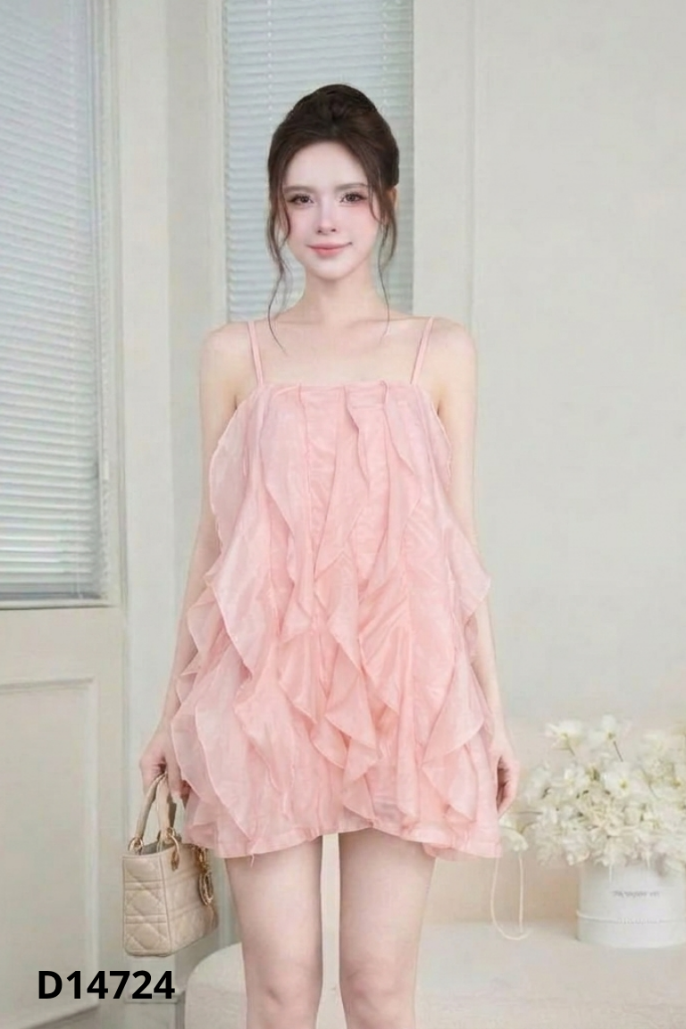 Váy hai dây voan hồng bèo