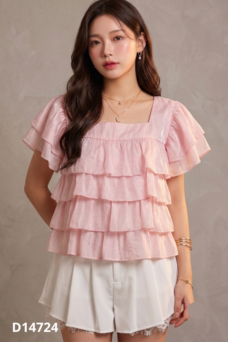 Áo voan hồng bèo tầng