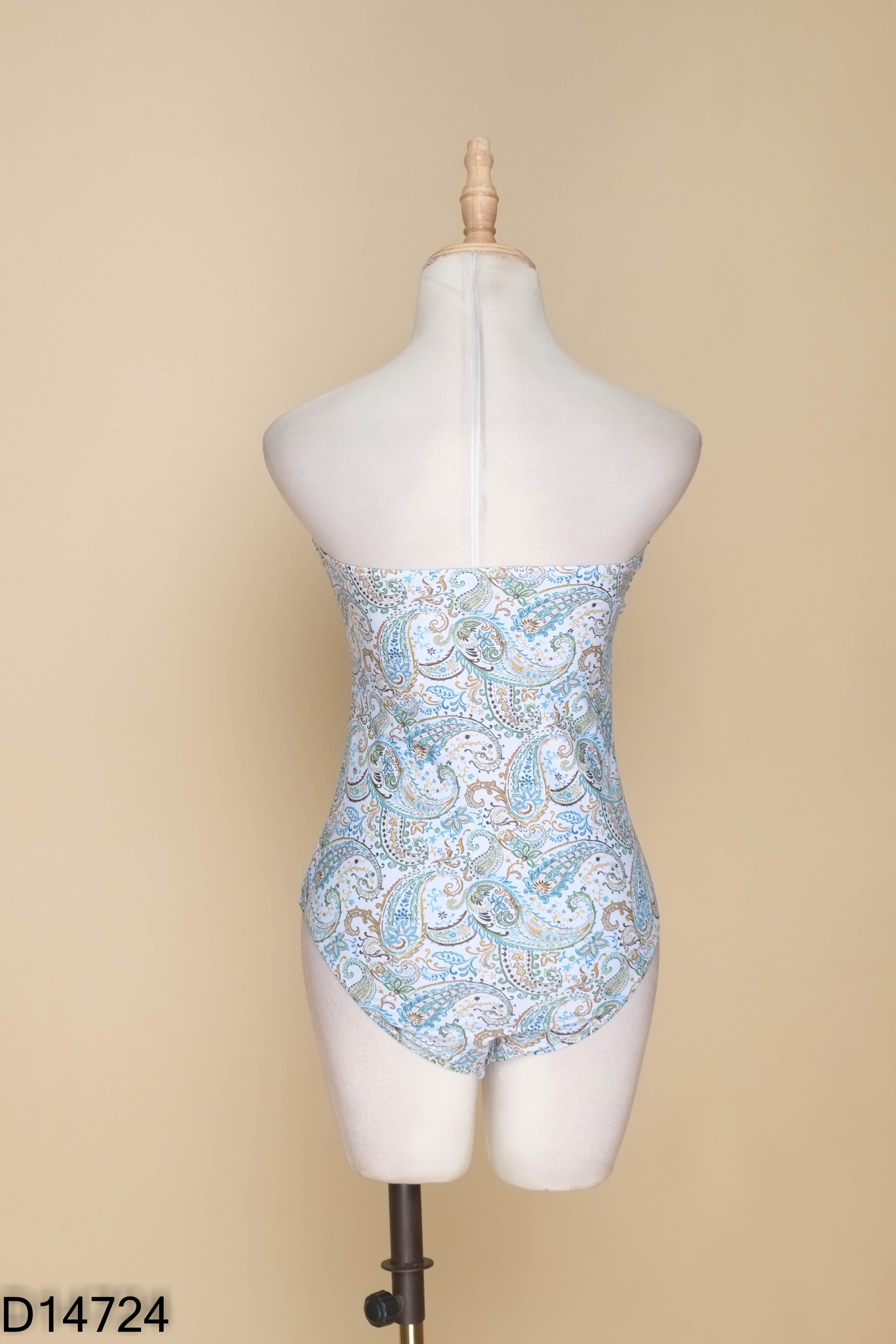 Bikini 1 mảnh trắng họa tiết xanh đan dây
