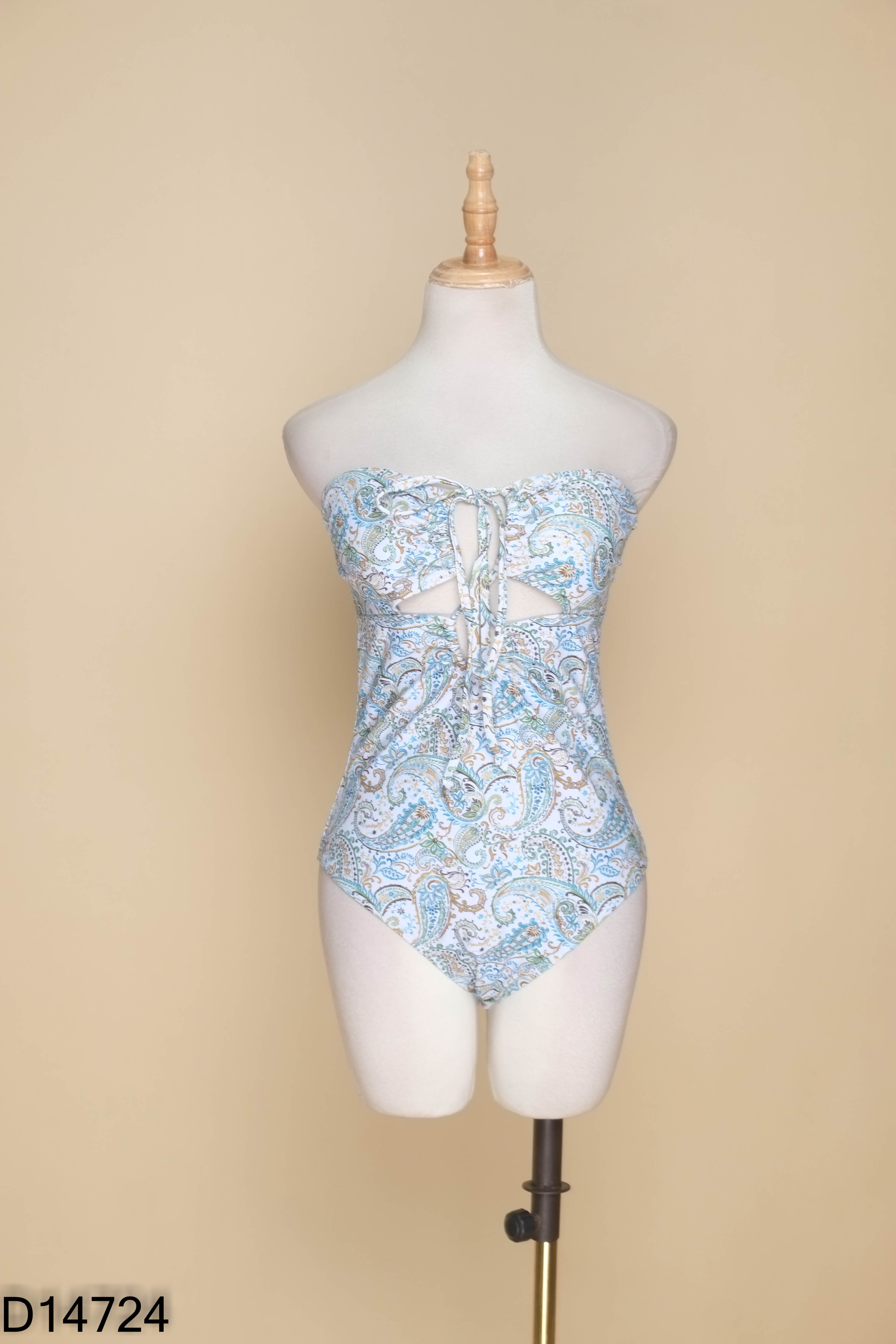 Bikini 1 mảnh trắng họa tiết xanh đan dây
