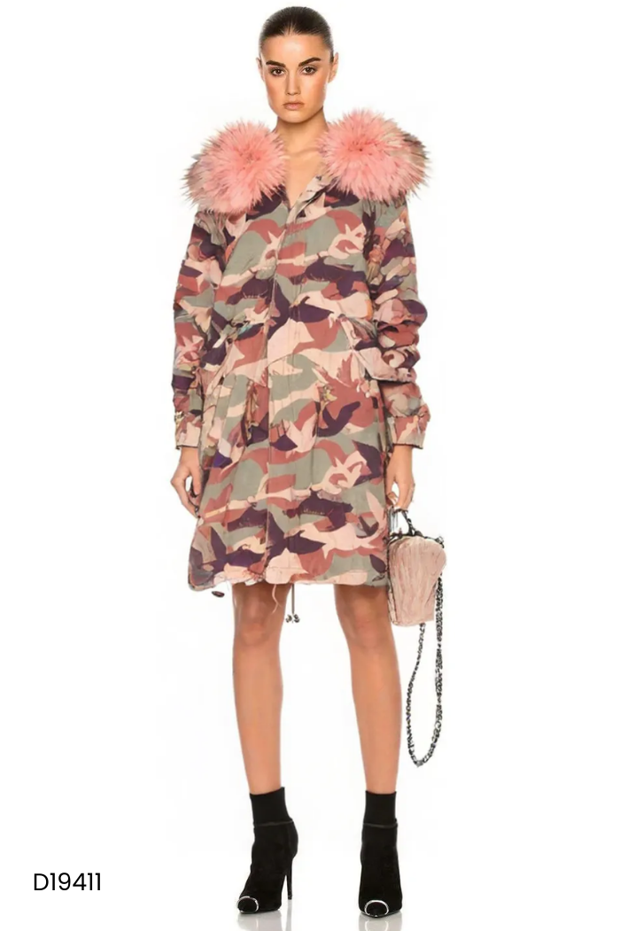 Áo parka MISS SIXTY xanh rằn ri mũ lông