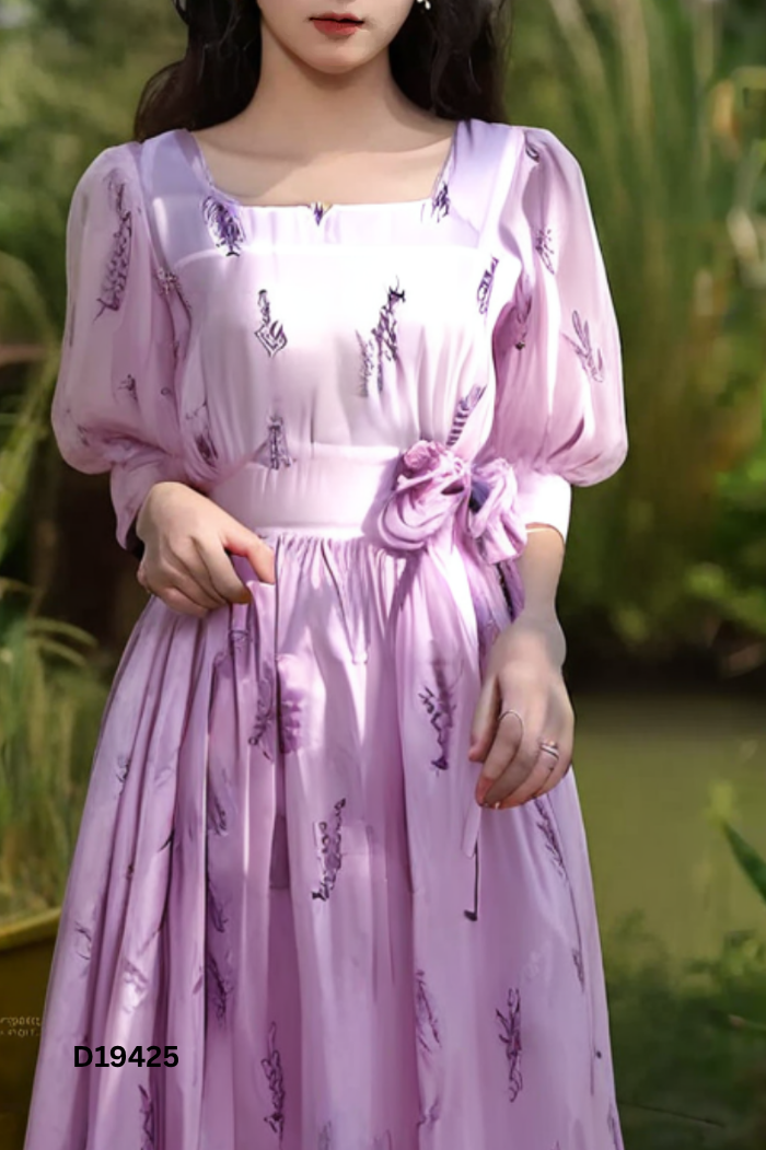 Váy voan tím hoa cổ vuông