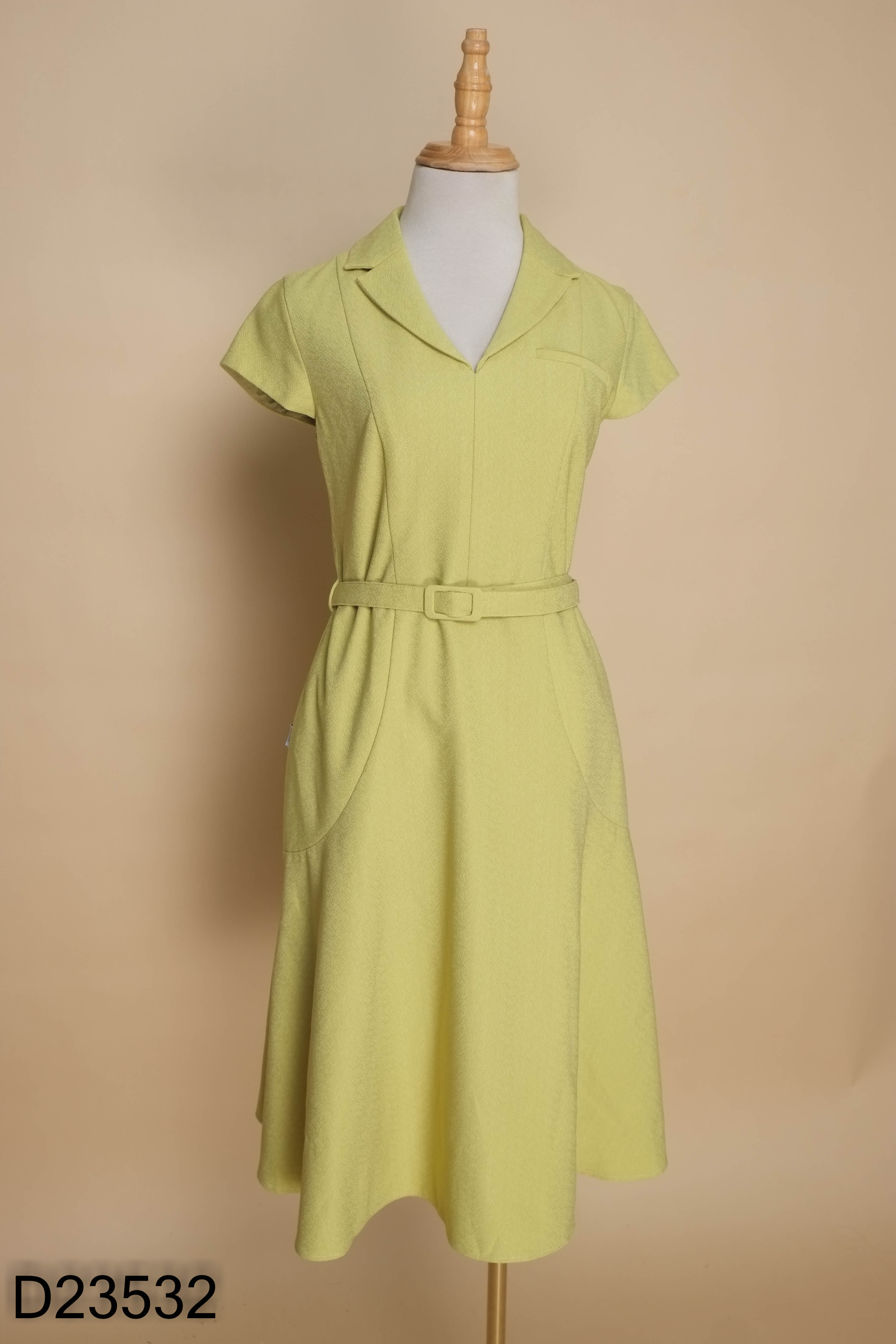 Váy xanh FIONA cổ vest phối dây eo