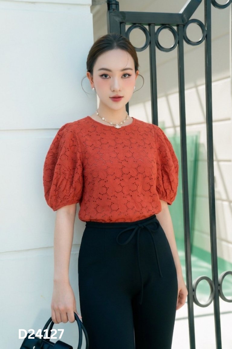 Áo đỏ cam thêu hoa tay phồng
