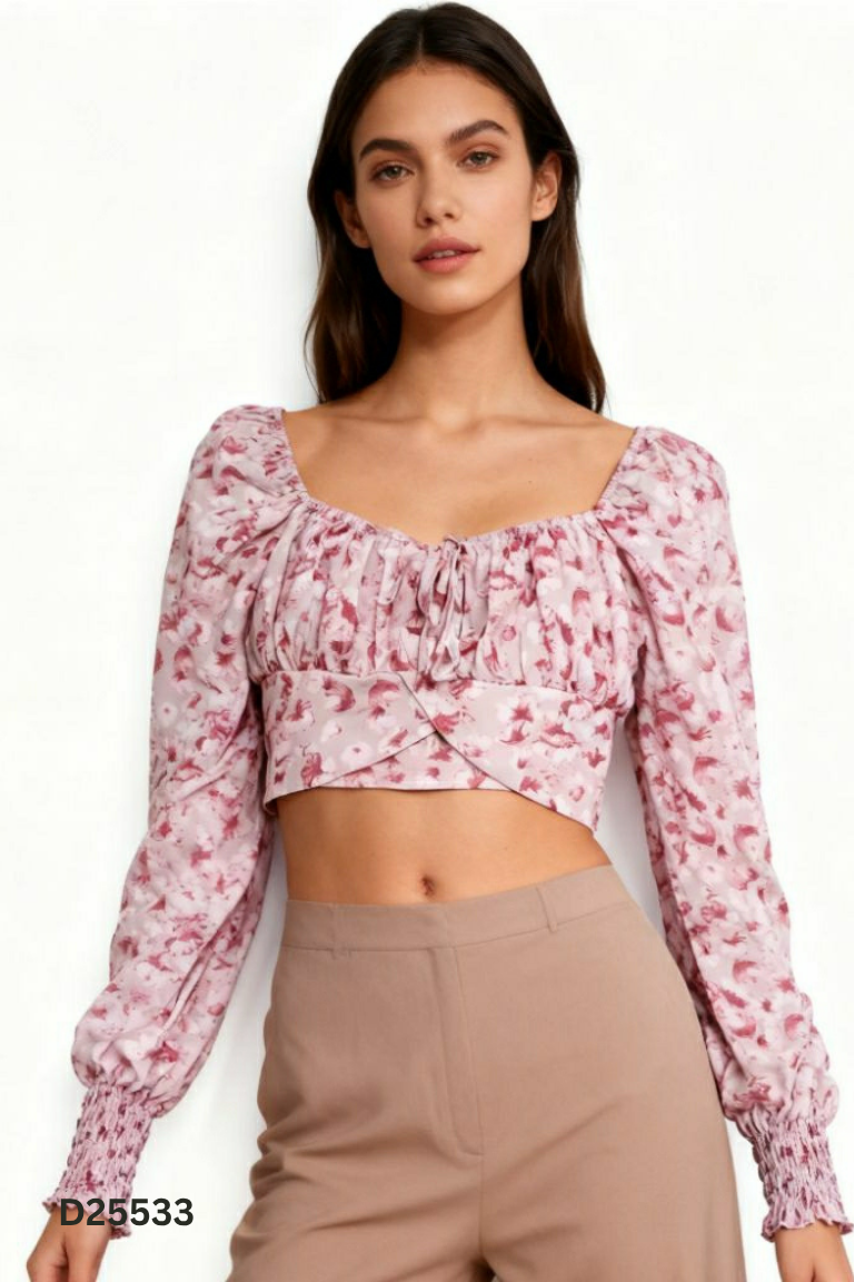 Áo hồng croptop hoa dài tay
