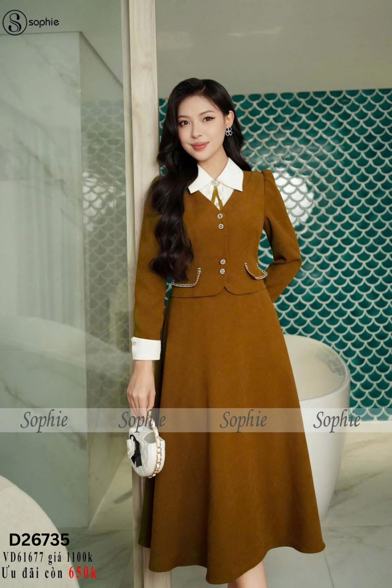 Váy nâu nhung SOPHIE đính khuy