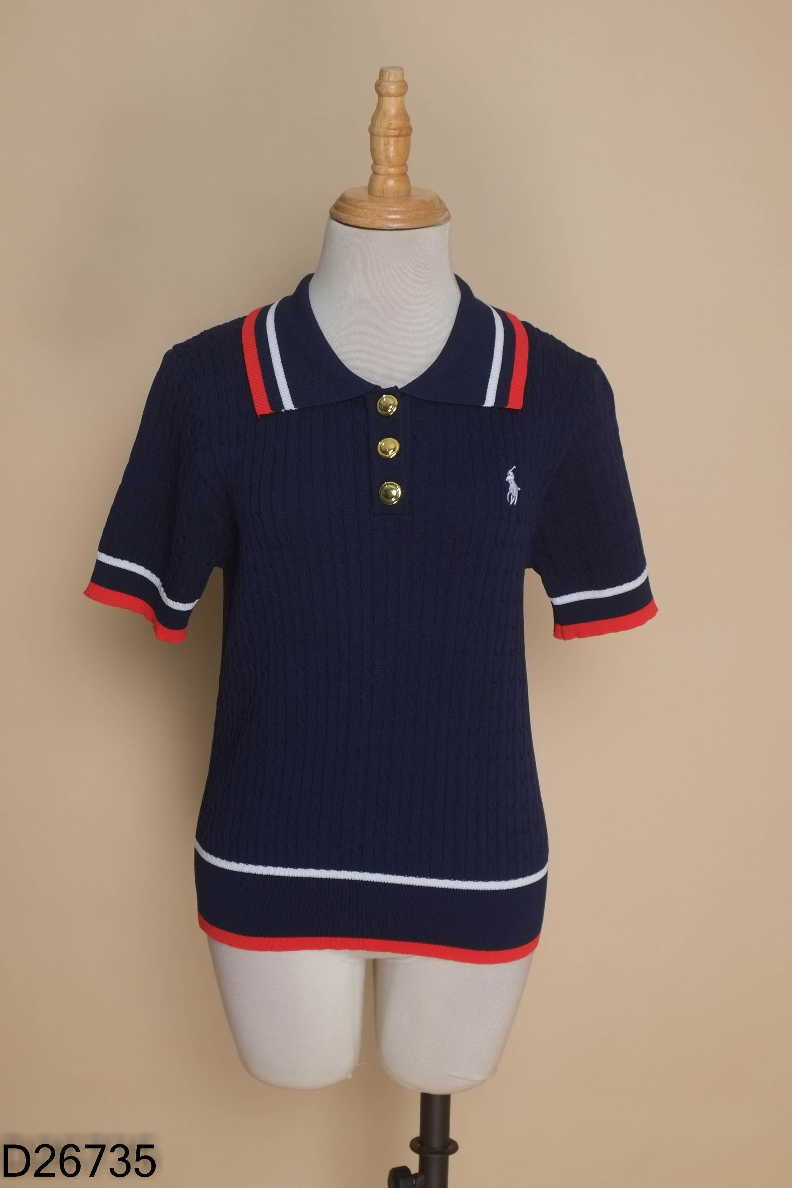 Áo polo xanh than phối kẻ đỏ