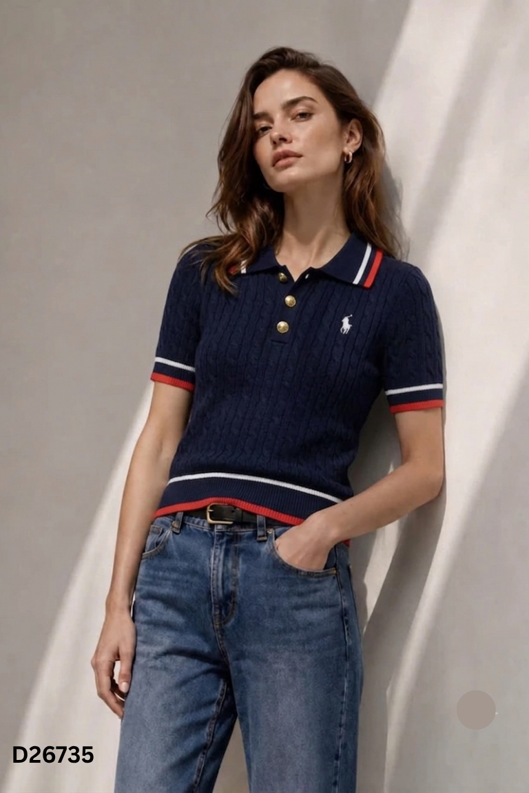 Áo polo xanh than phối kẻ đỏ
