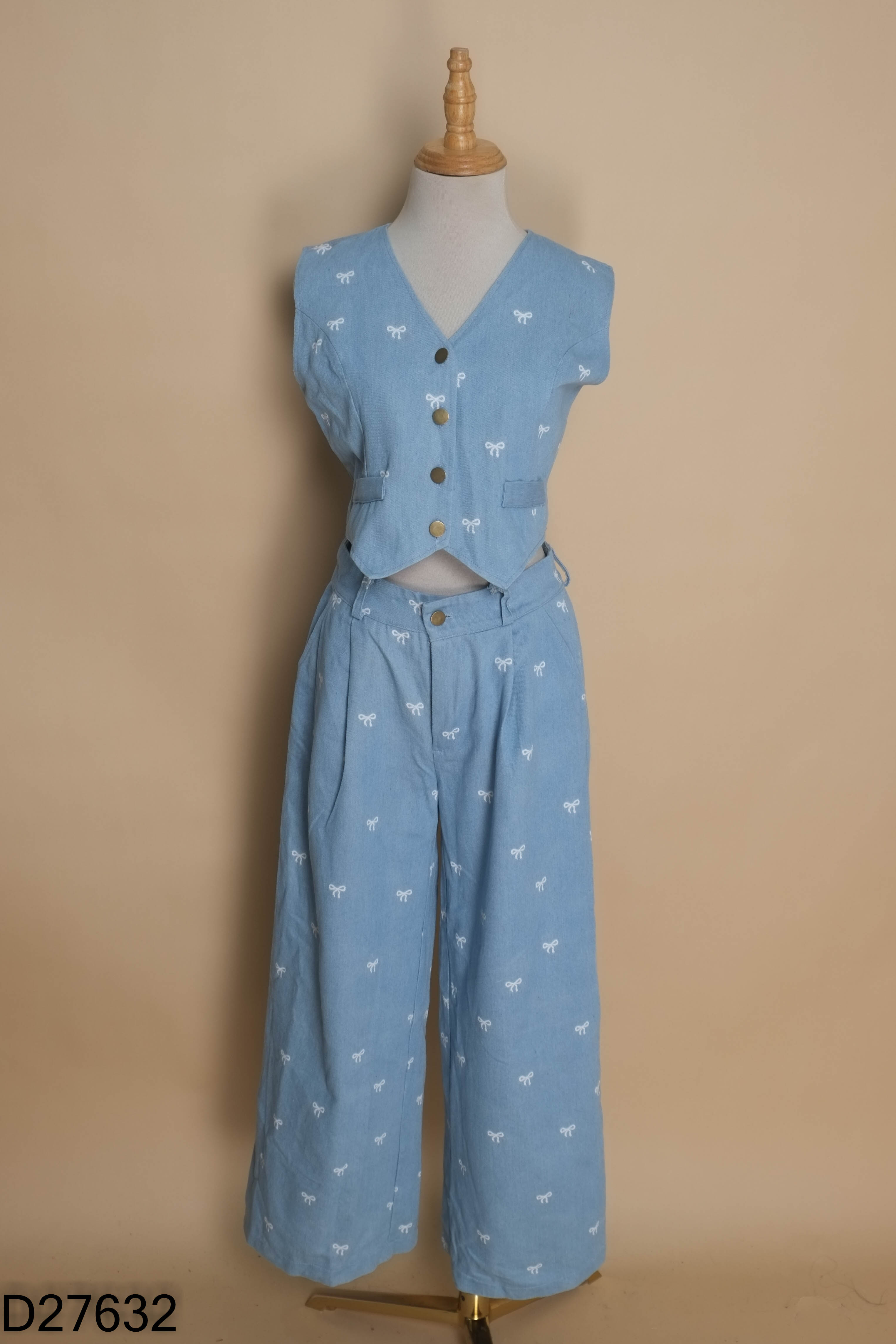 Set Áo gile jean xanh nơ trắng + Quần ELVES