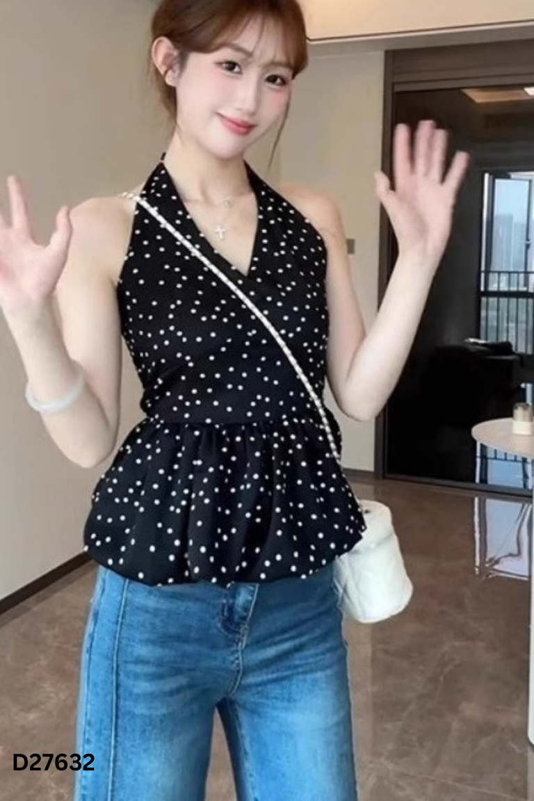 Áo bí đen chấm bi cổ buộc
