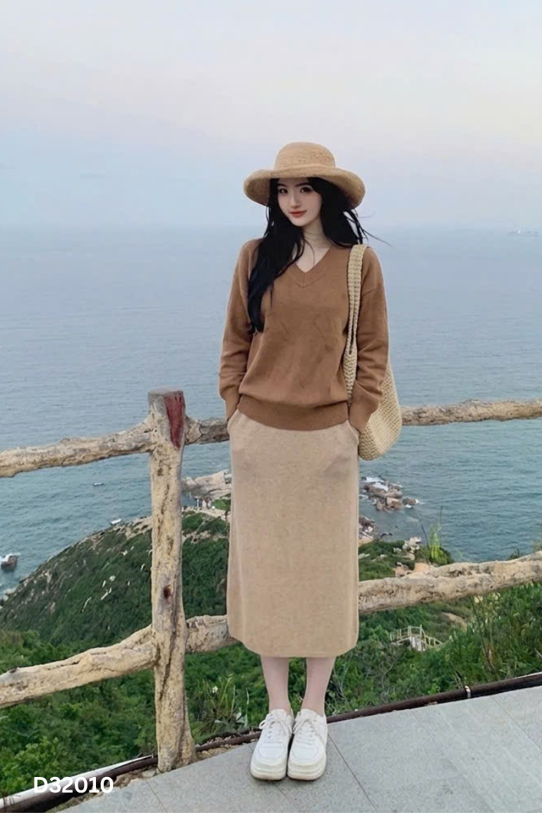 Set Áo len nâu trơn + chân váy dài