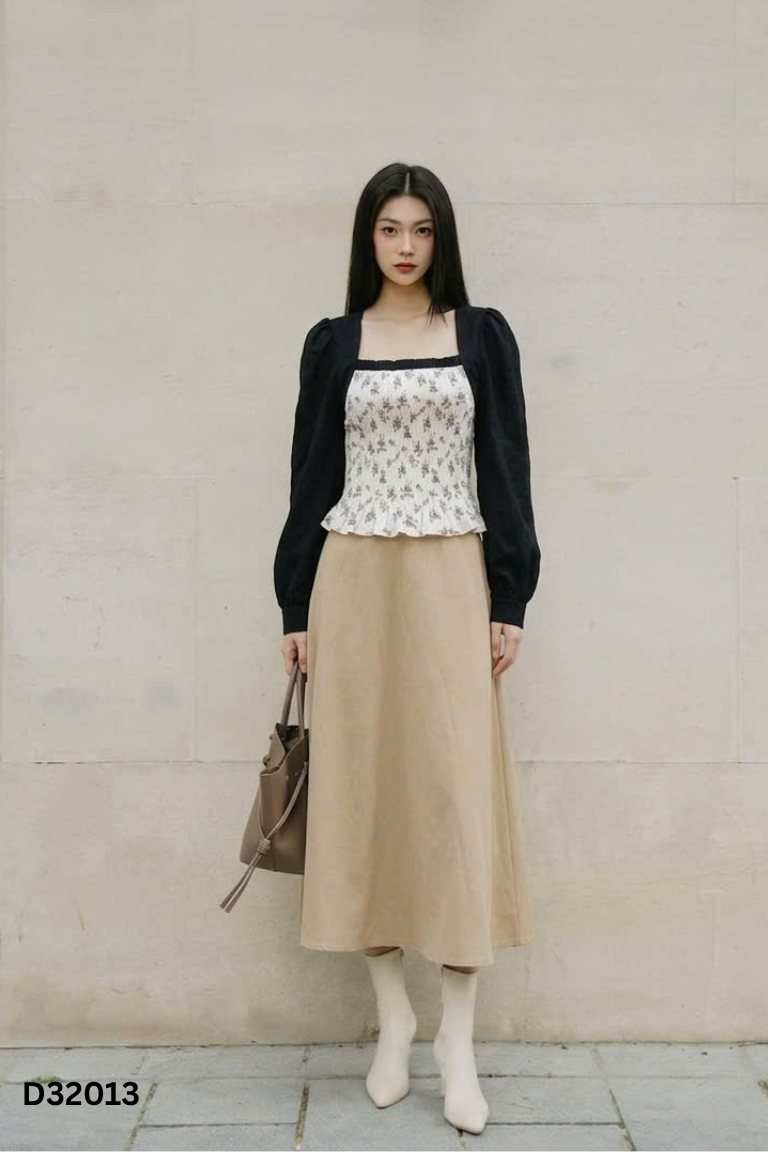 Set Áo be hoa chun phối đen + chân váy