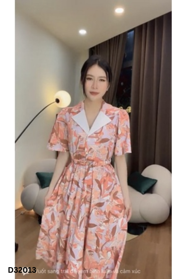 Váy hồng họa tiết eo chun