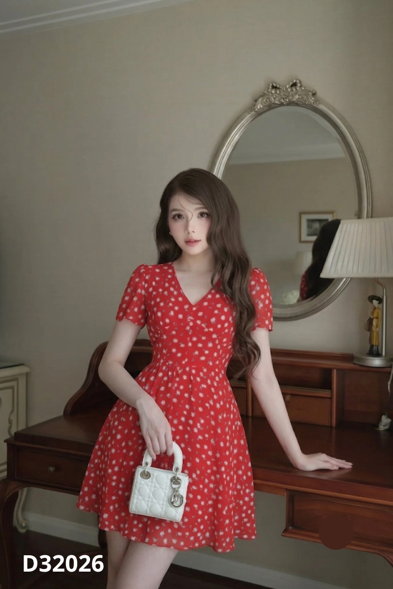 Váy đỏ hoa cổ V