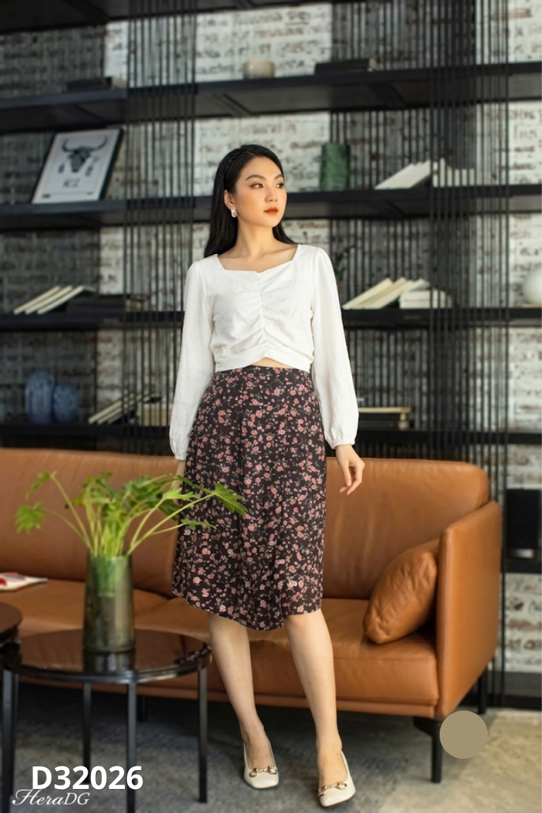 Set Áo trắng dúm ngực + chân váy hoa