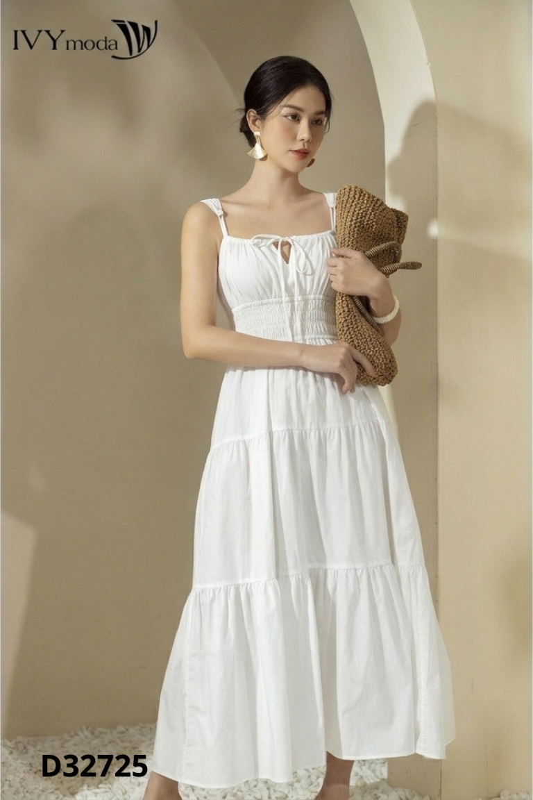 Váy HD trắng 2 dây bo chun eo