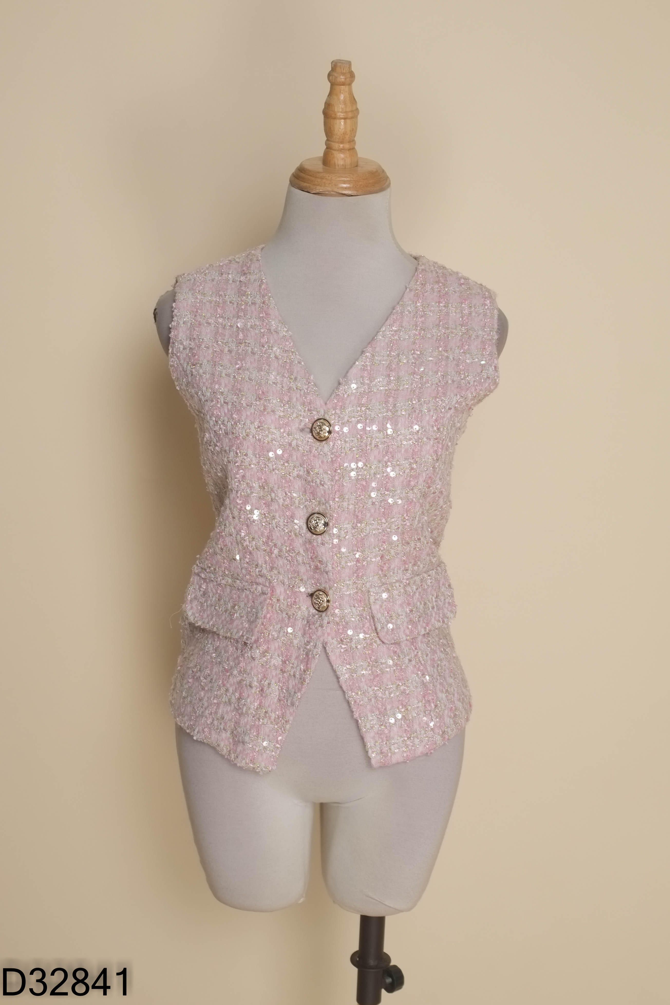 Áo gile tweed hồng đính sequin