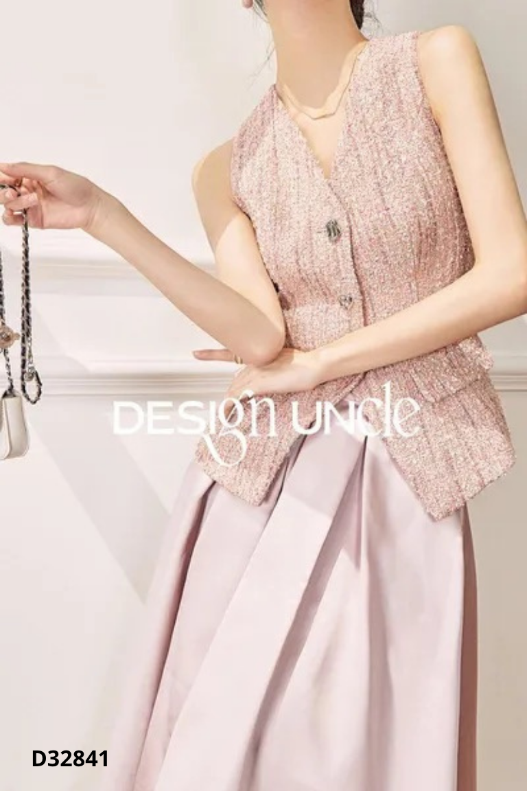 Áo gile tweed hồng đính sequin