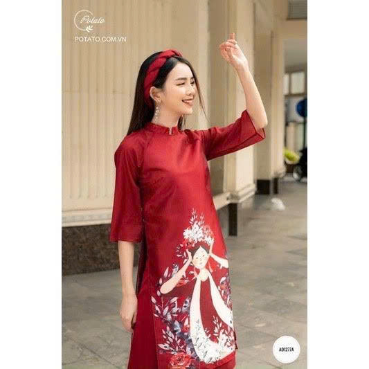Set áo dài đỏ họa tiết + quần lụa đen