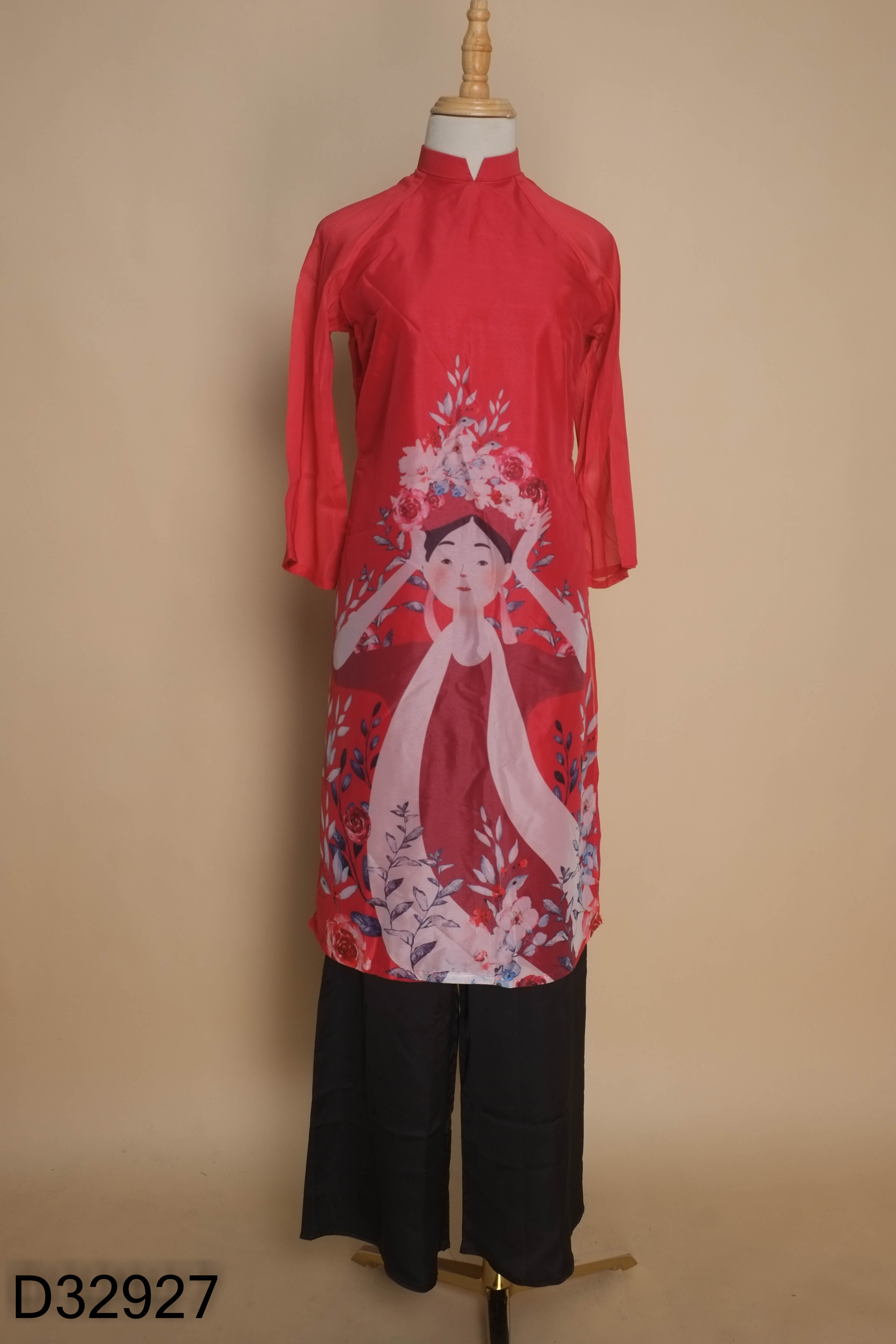 Set áo dài đỏ họa tiết + quần lụa đen