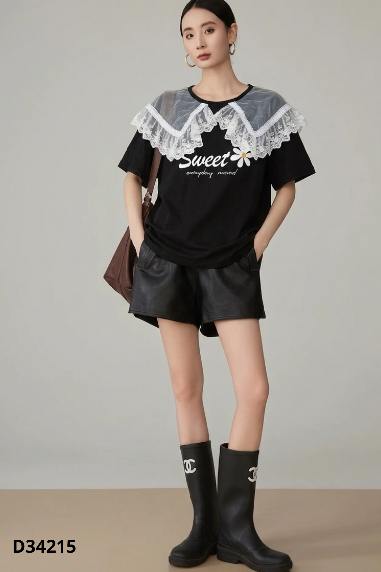 Áo VERO MODA đen viền voan trắng