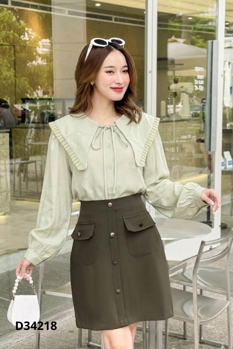 Áo sơ mi nữ xanh trơn phối viền cổ lưới
