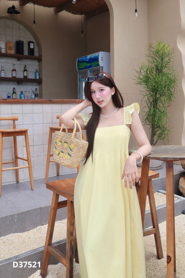 Váy maxi vàng chanh trơn nhún lưng