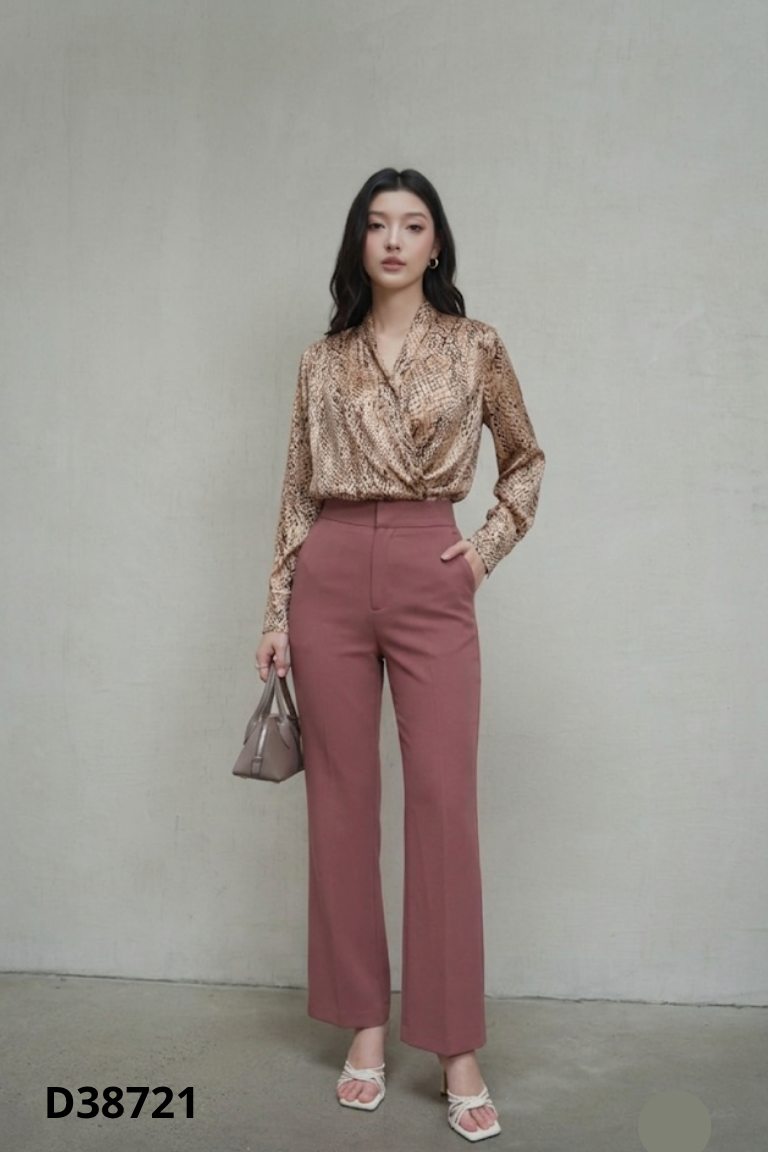 Set áo voan be họa tiết + quần dài nâu trơn