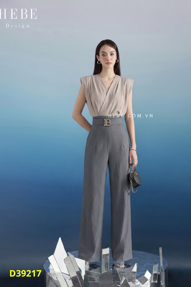 Jumpsuits xám phối be kèm đai