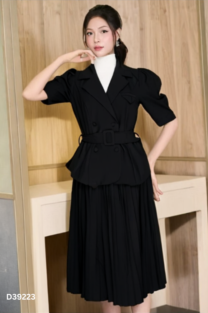 NEWTAG SET Blazer đen trơn + chân váy dập ly