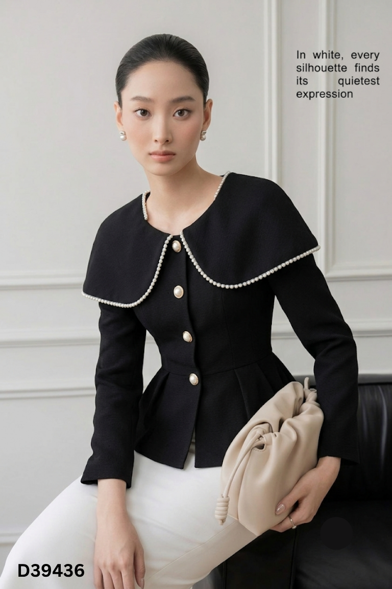 Áo đen SIXDO cổ vạt viền ngọc