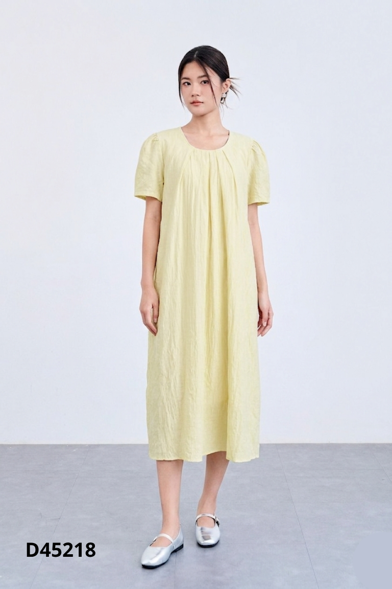 NEWTAG Váy xanh trơn gấp ly cổ suông