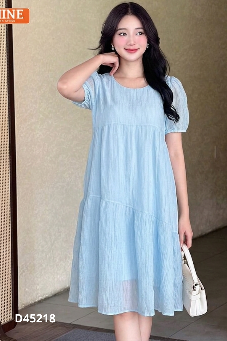 NEWTAG Váy xanh trơn suông cổ tròn nhún